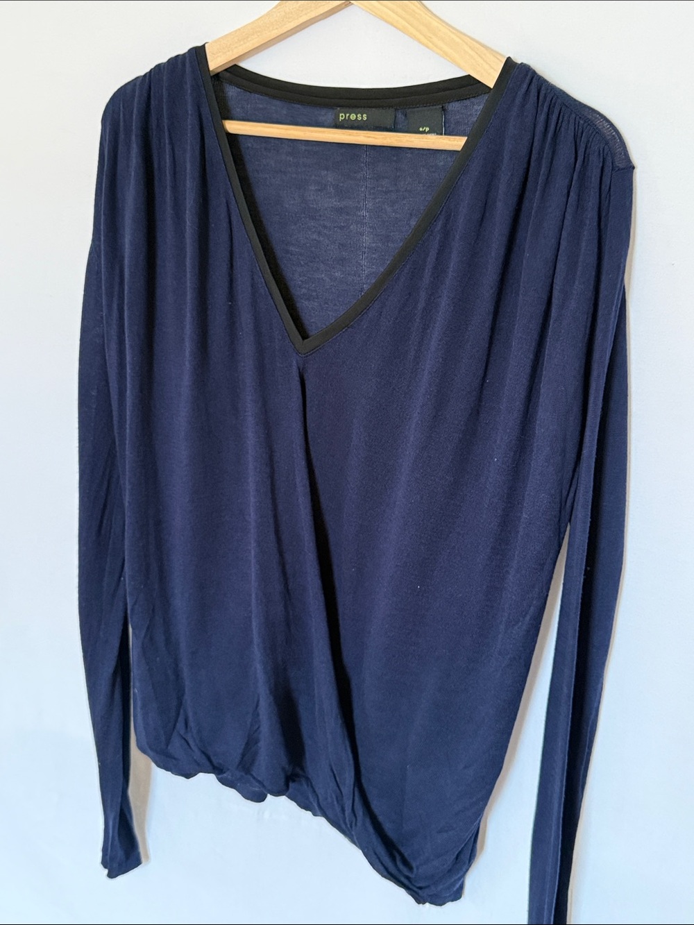 Press - Navy V-Neck Long Sleeve Top w/cross front draping